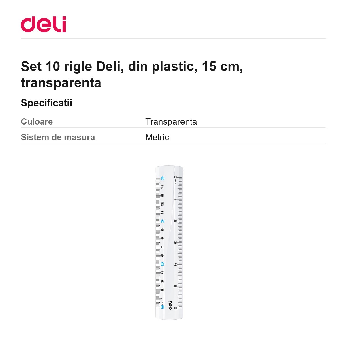 Set 10 rigle Deli, din plastic, 15 cm, transparenta [2]
