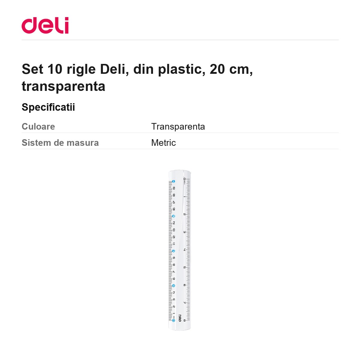 Set 10 rigle Deli, din plastic, 20 cm, transparenta [2]