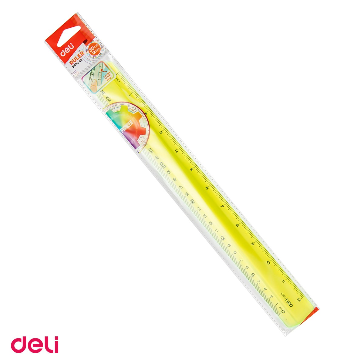 Instrumente de geometrie - Rigla Deli Transparenta Color Pioneer, din plastic, pentru masurare precisa, 30 cm