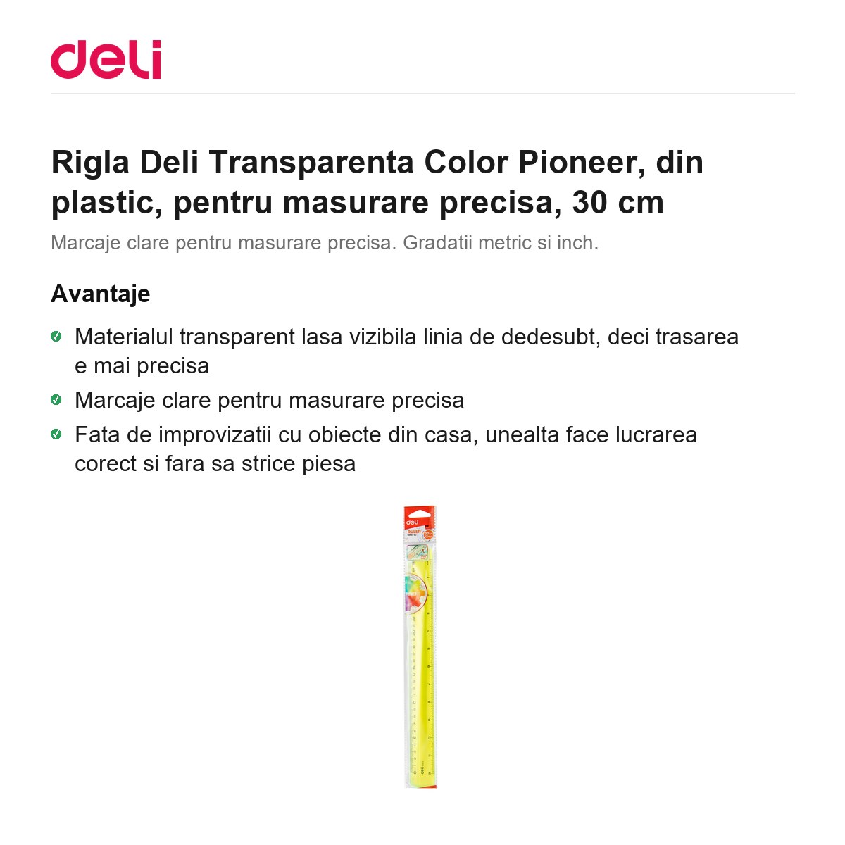 Rigla Deli Transparenta Color Pioneer, din plastic, pentru masurare precisa, 30 cm [1]