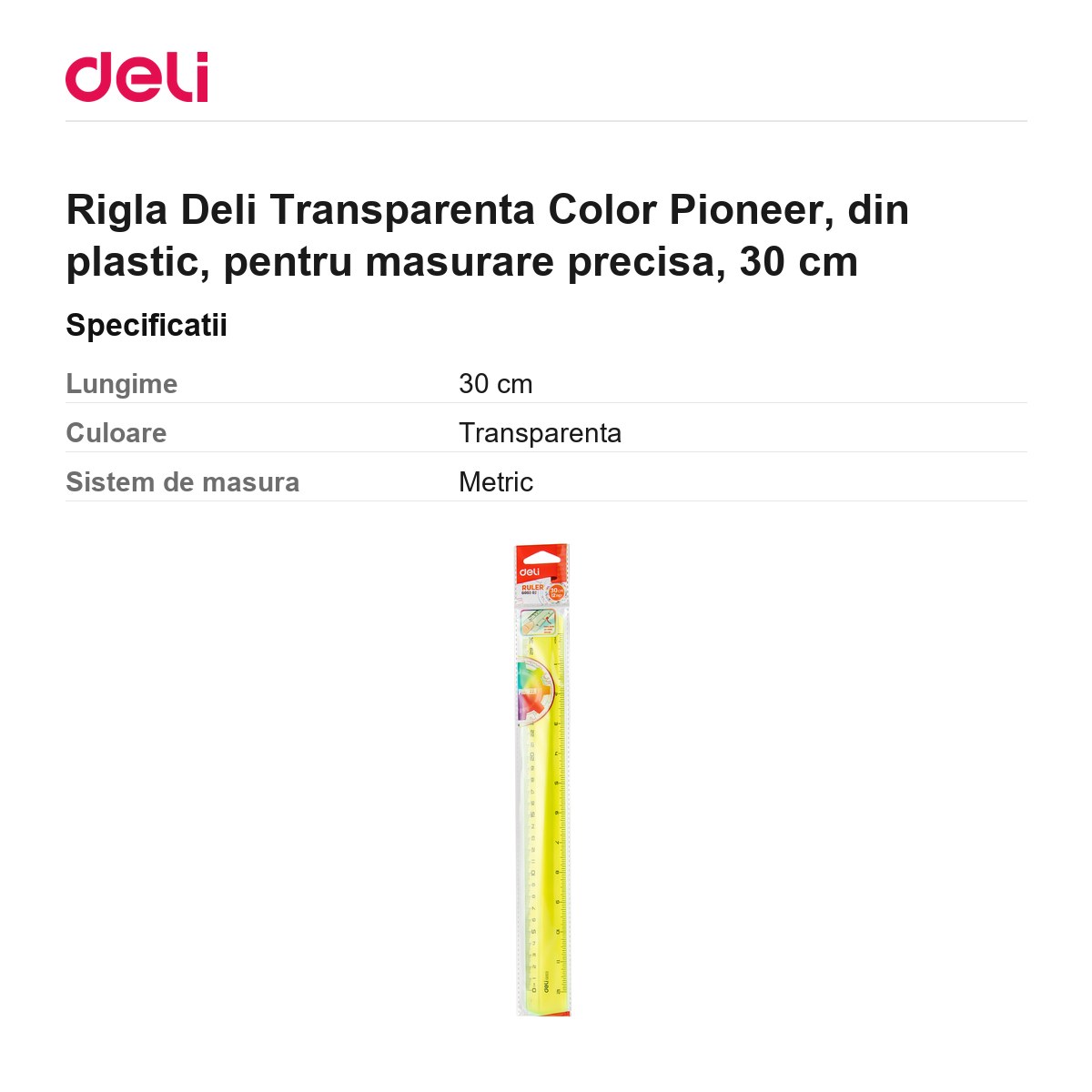 Rigla Deli Transparenta Color Pioneer, din plastic, pentru masurare precisa, 30 cm [2]