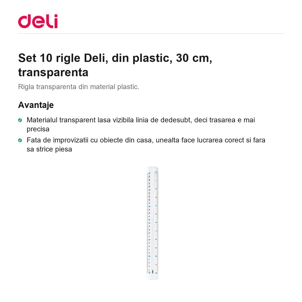 Set 10 rigle Deli, din plastic, 30 cm, transparenta [1]