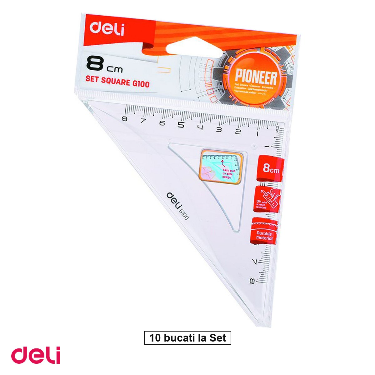 Instrumente de geometrie - Set 10 echere Deli, din plastic, 8 cm, 45 grade, transparent