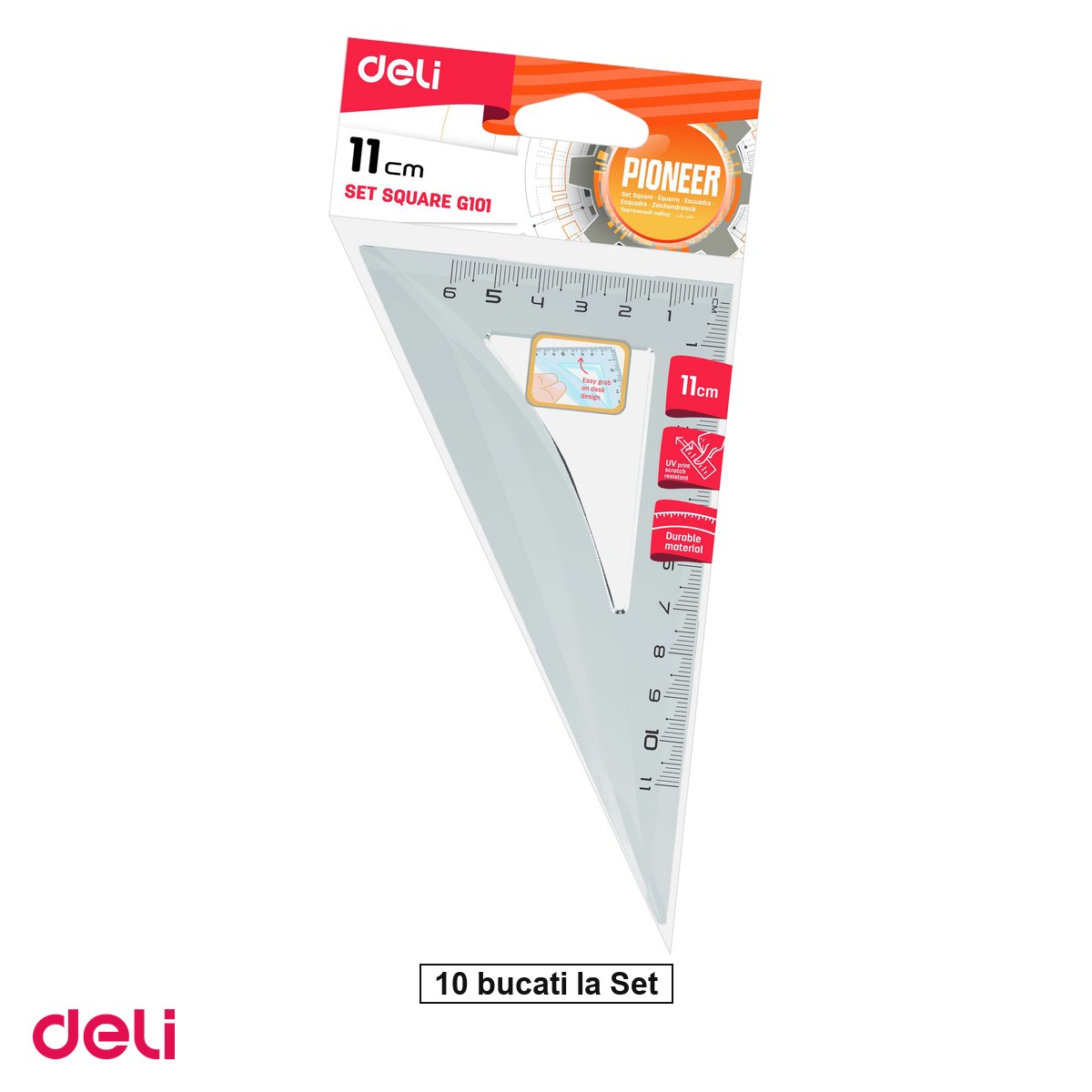 Instrumente de geometrie - Set 10 echere Deli, din plastic, 11 cm, 30/60 grade, transparent
