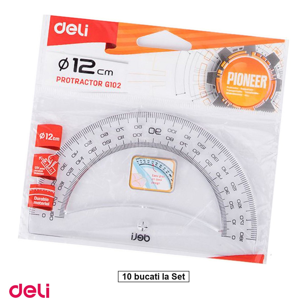 Instrumente de geometrie - Set 10 raportoare Deli, din plastic, 12 cm, 180 grade, transparent