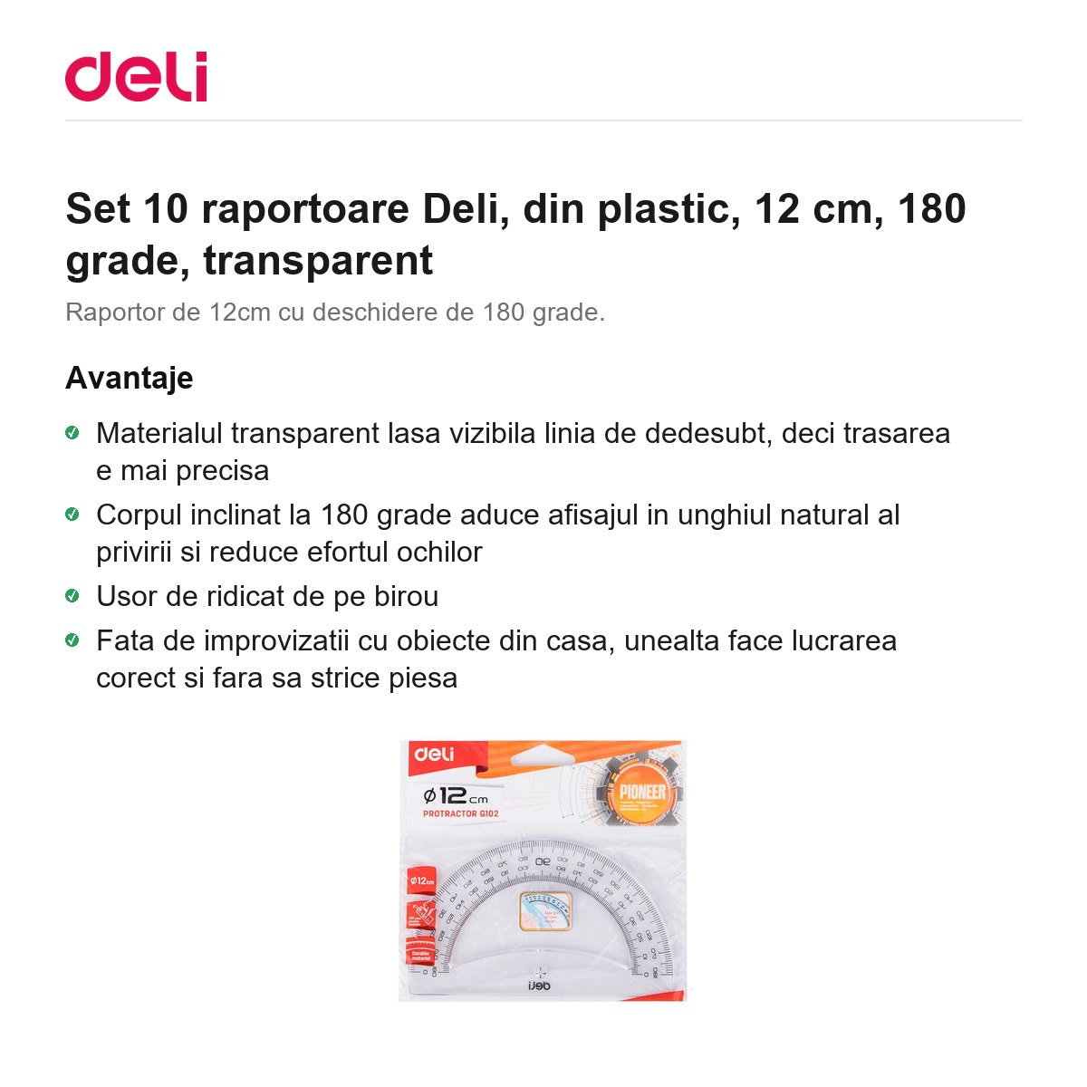 Set 10 raportoare Deli, din plastic, 12 cm, 180 grade, transparent [1]