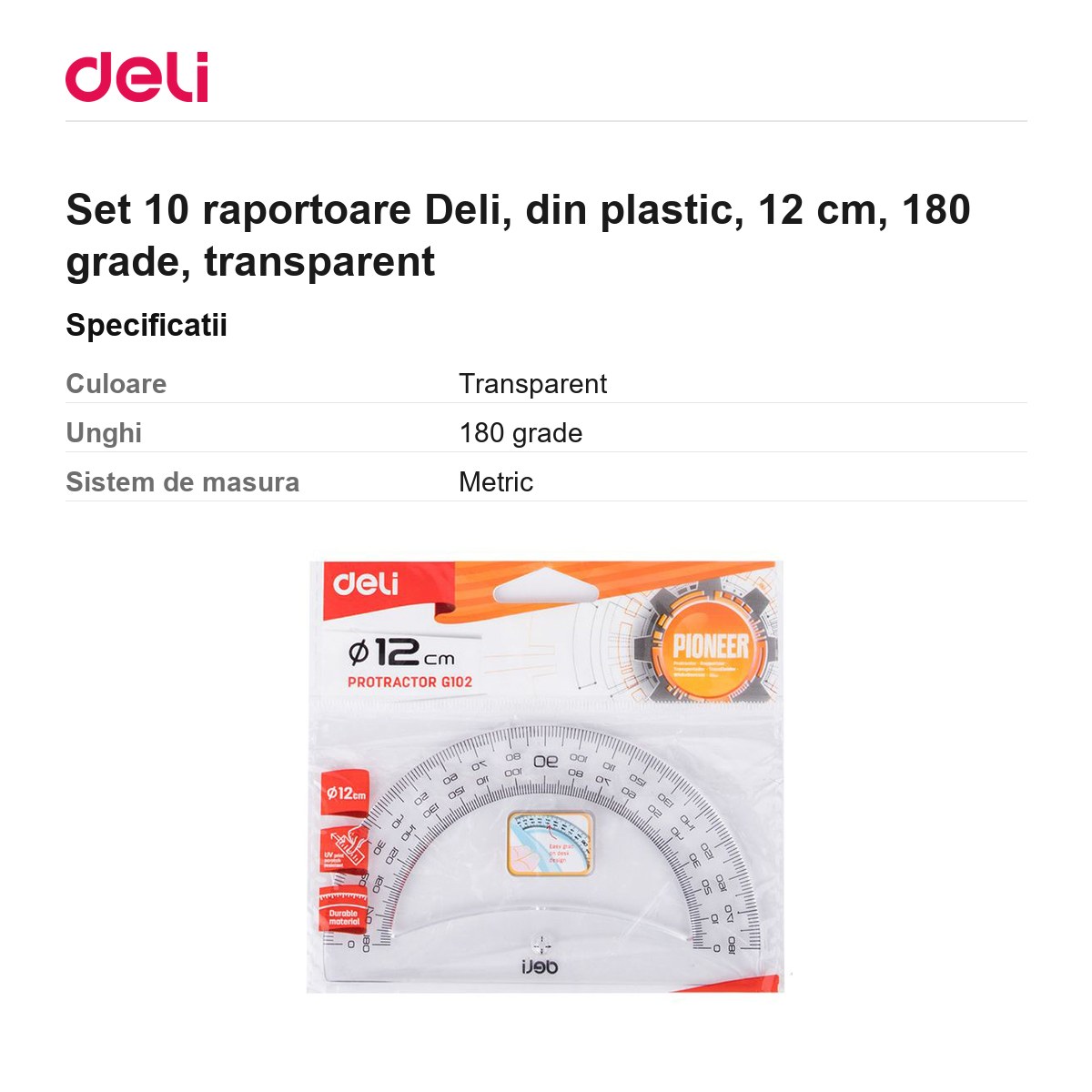 Set 10 raportoare Deli, din plastic, 12 cm, 180 grade, transparent [2]