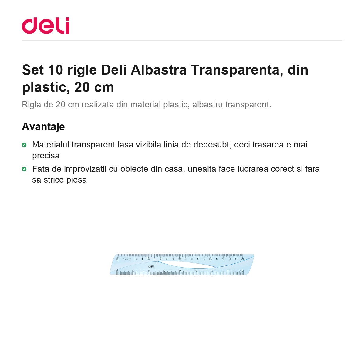 Set 10 rigle Deli Albastra Transparenta, din plastic, 20 cm [1]