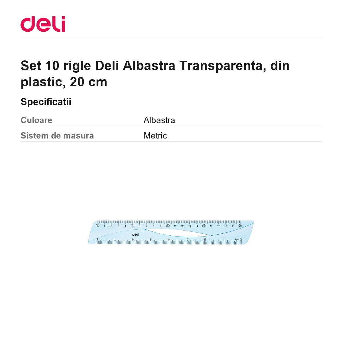 Set 10 rigle Deli Albastra Transparenta, din plastic, 20 cm [2]