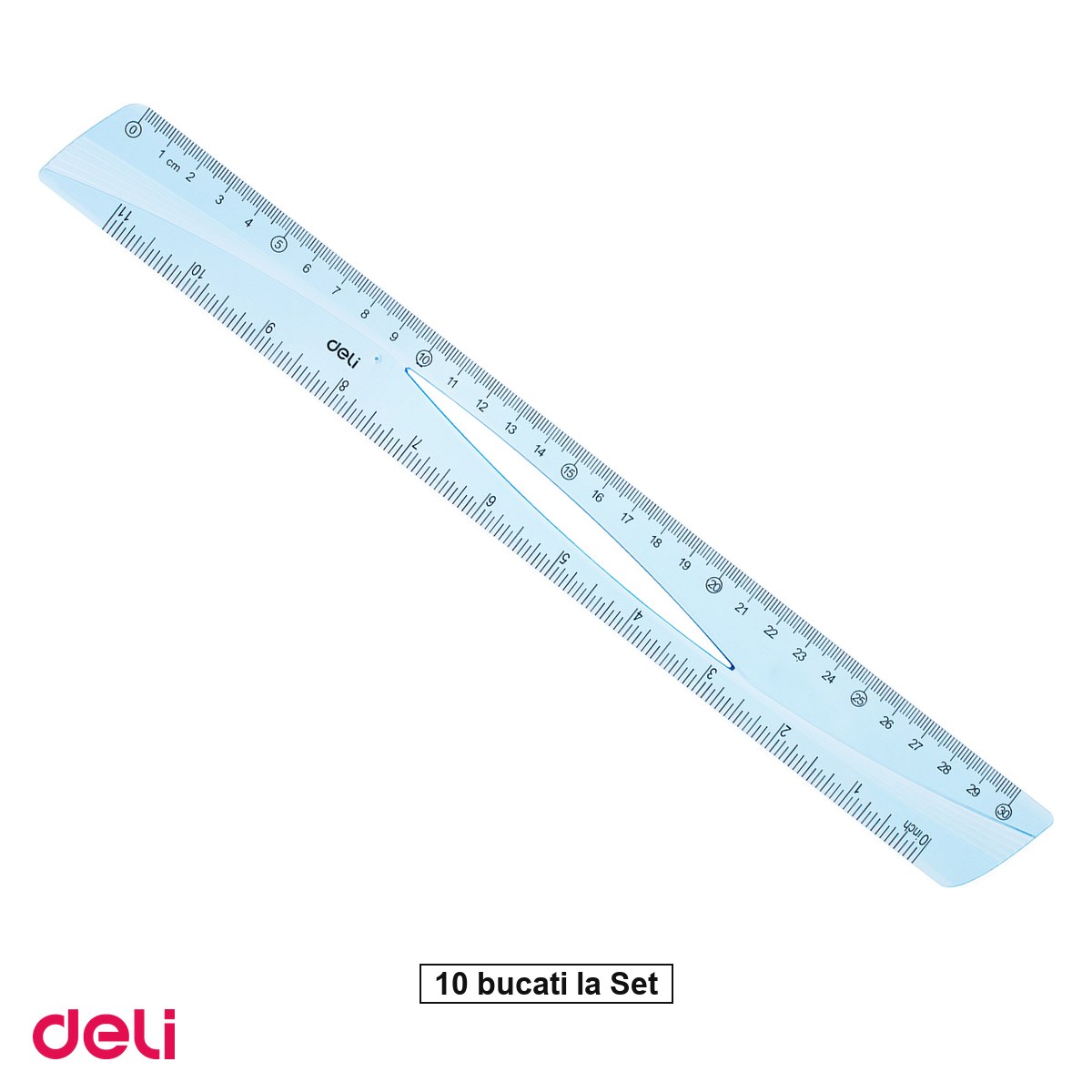 Instrumente de geometrie - Set 10 rigle Deli Albastra Transparenta, din plastic, 30 cm