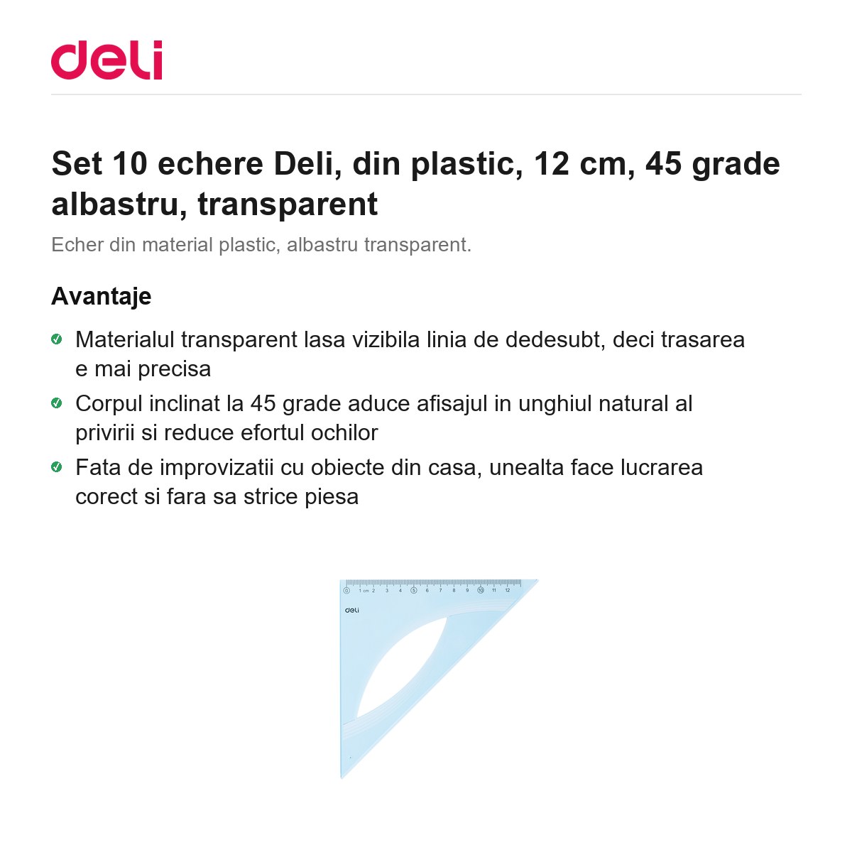 Set 10 echere Deli, din plastic, 12 cm, 45 grade albastru, transparent [1]