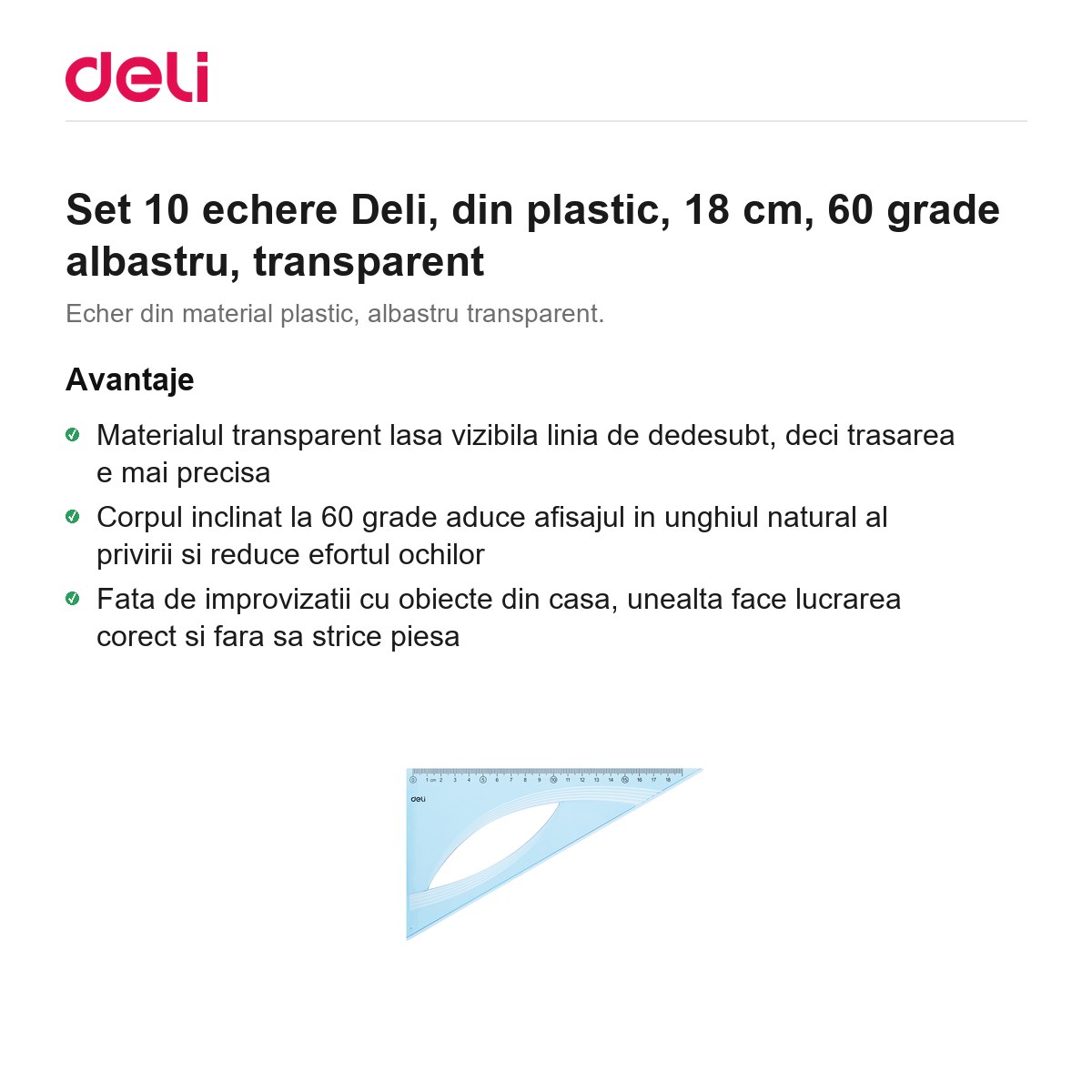 Set 10 echere Deli, din plastic, 18 cm, 60 grade albastru, transparent [1]