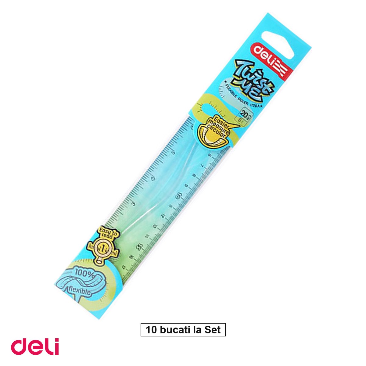 Instrumente de geometrie - Set 10 rigle Deli Flexibila Twist, din plastic, 20 cm, me color