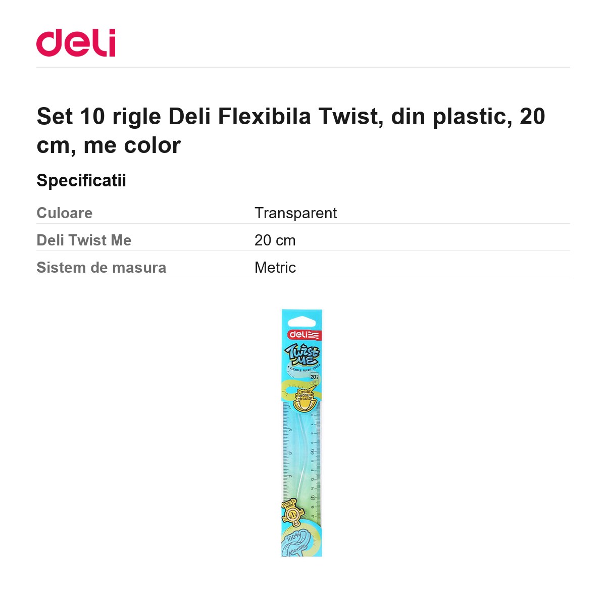 Set 10 rigle Deli Flexibila Twist, din plastic, 20 cm, me color [2]