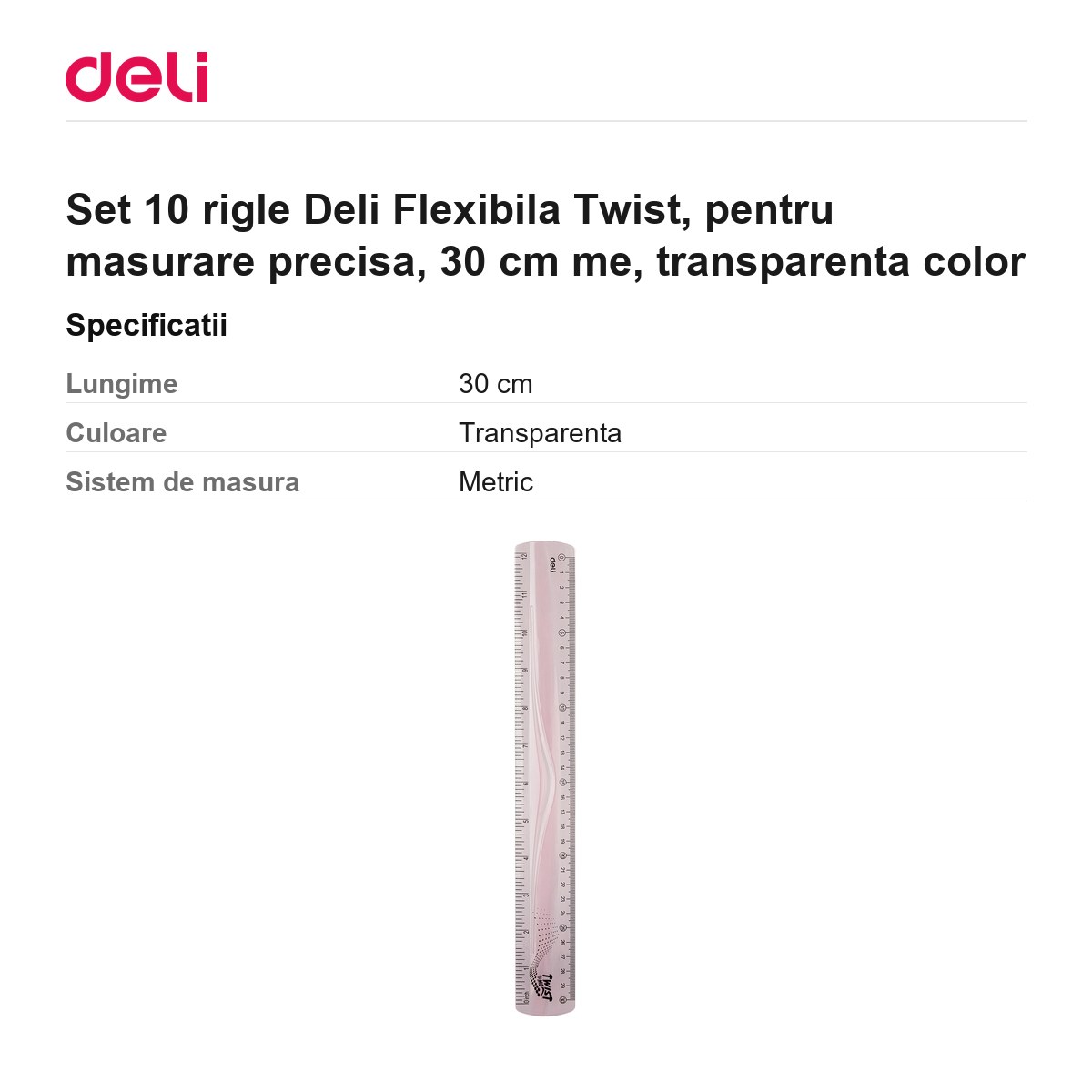 Set 10 rigle Deli Flexibila Twist, pentru masurare precisa, 30 cm me, transparenta color [2]