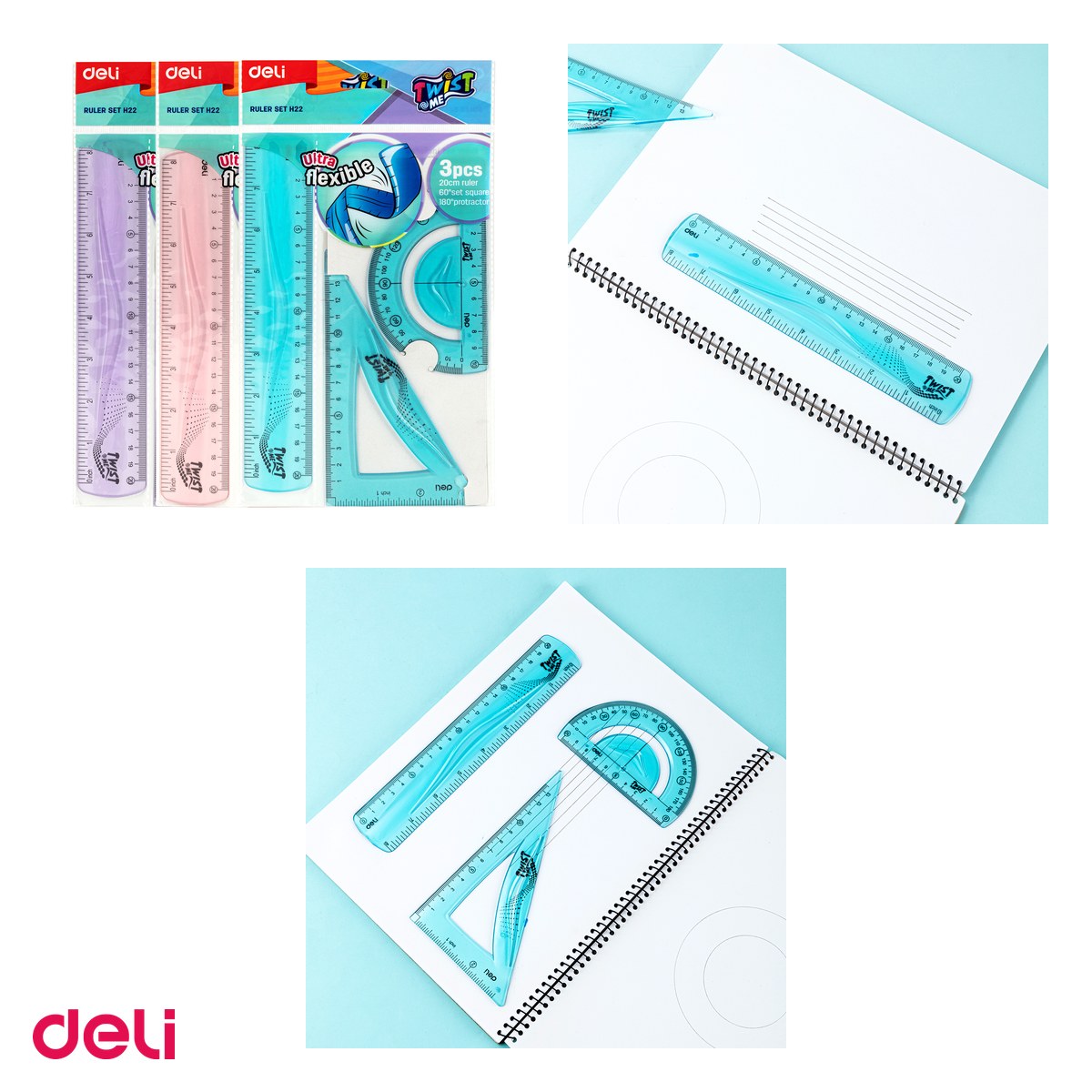 Set 3 piese Deli Geometrie Flexibil Twist, me color, rig.20, ech.13 raportor [3]