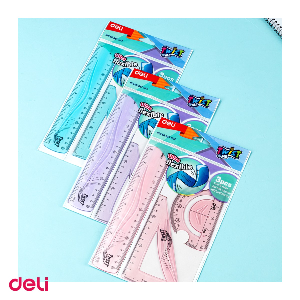Set 3 piese Deli Geometrie Flexibil Twist, me color, rig.20, ech.13 raportor [4]