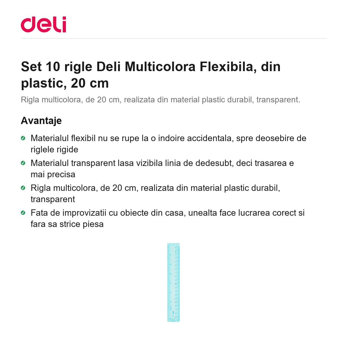Set 10 rigle Deli Multicolora Flexibila, din plastic, 20 cm [1]