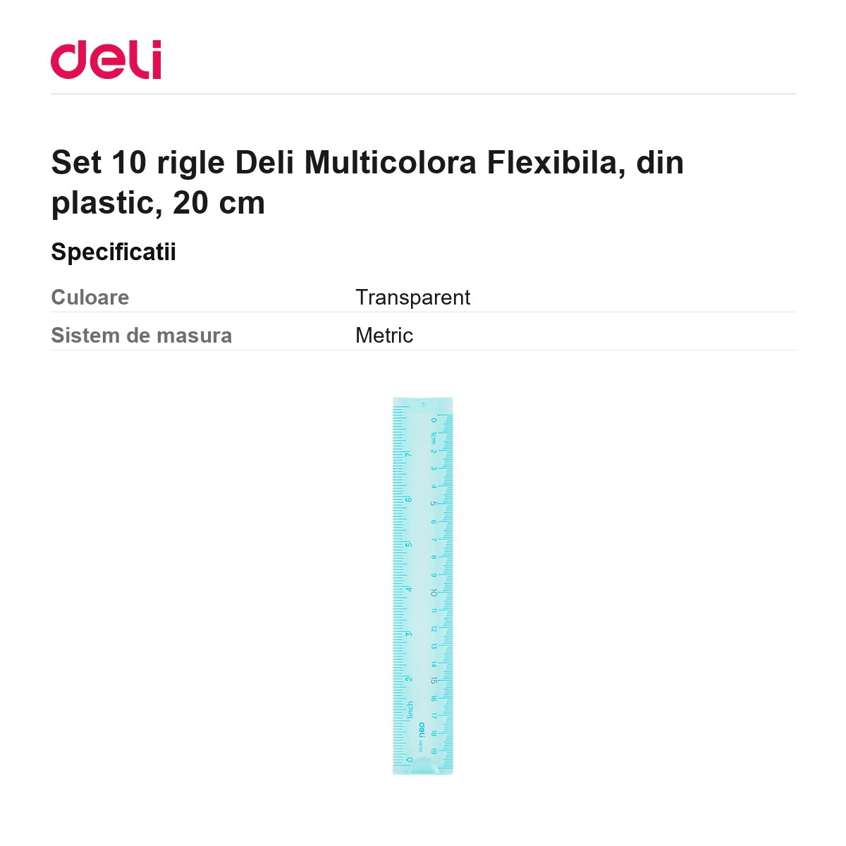 Set 10 rigle Deli Multicolora Flexibila, din plastic, 20 cm [2]