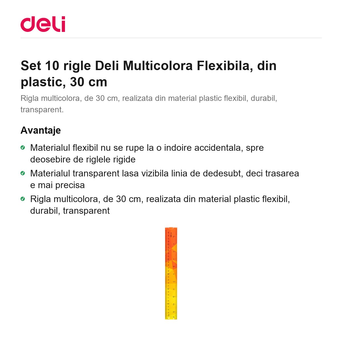 Set 10 rigle Deli Multicolora Flexibila, din plastic, 30 cm [1]