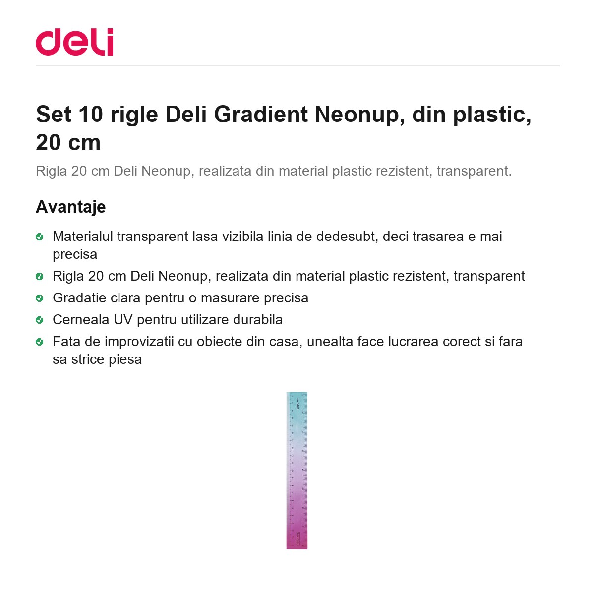 Set 10 rigle Deli Gradient Neonup, din plastic, 20 cm [1]