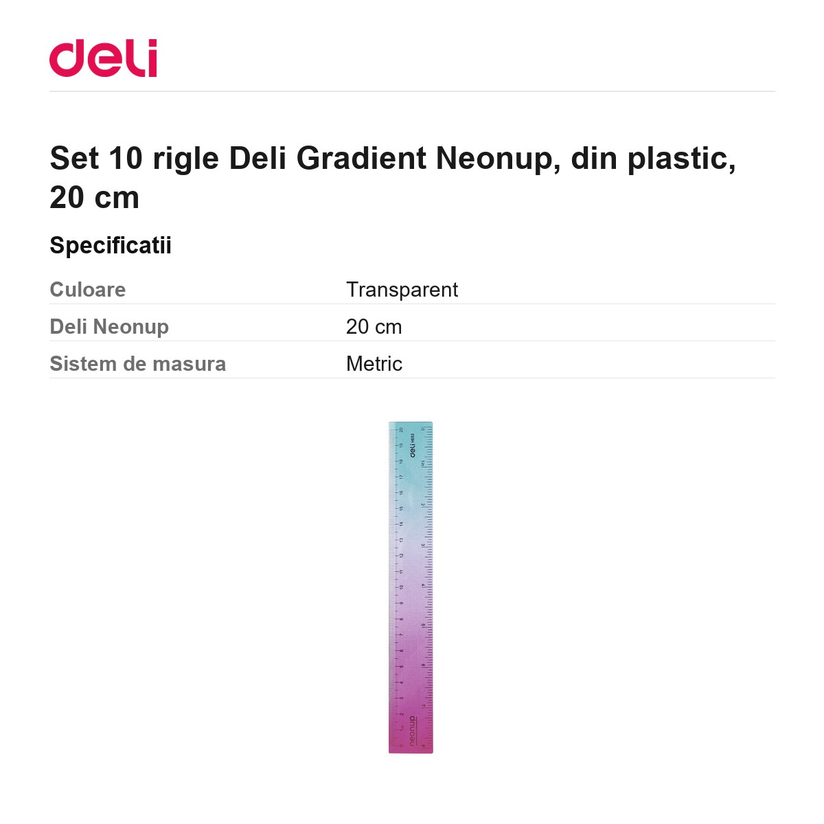 Set 10 rigle Deli Gradient Neonup, din plastic, 20 cm [2]