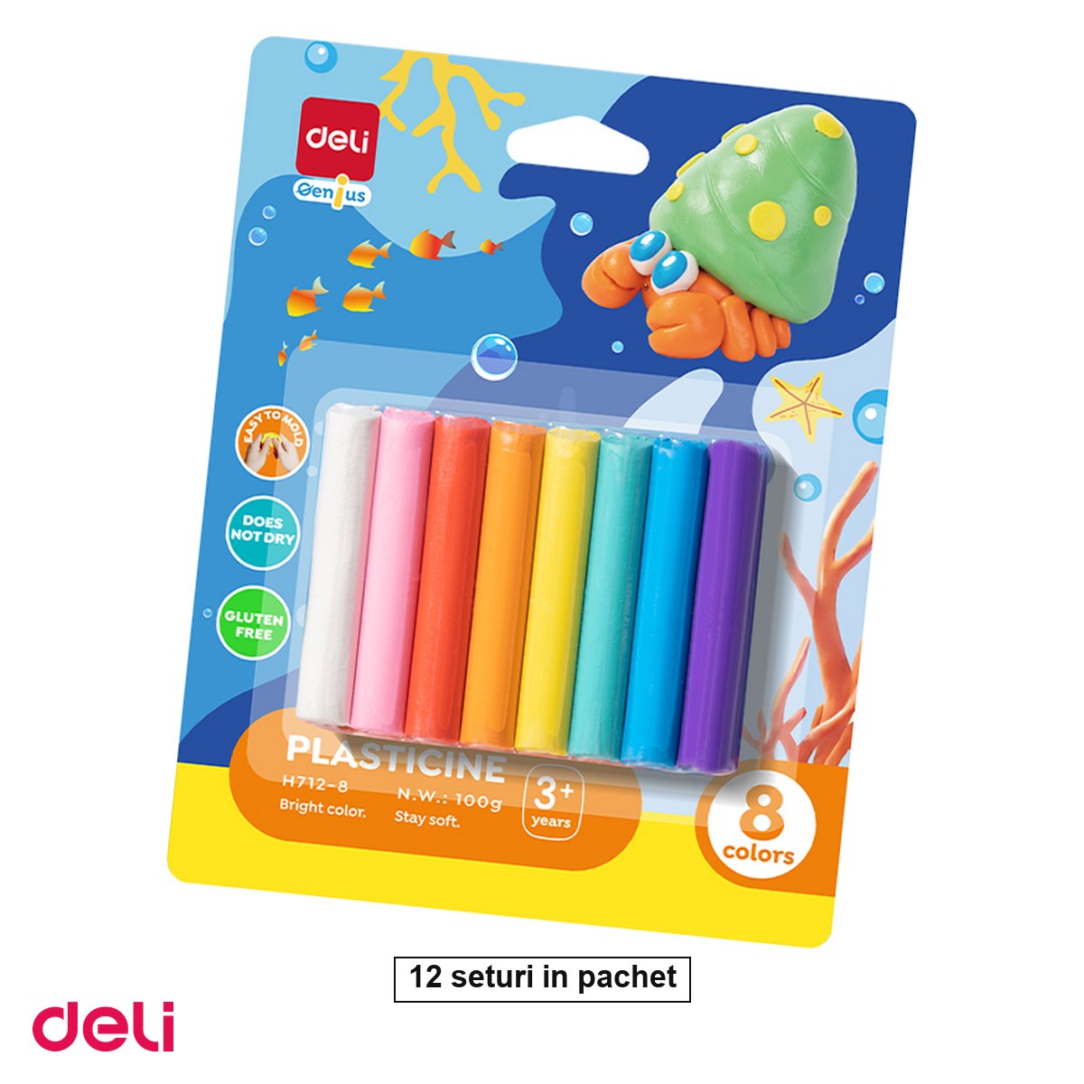 Plastilina si materiale de modelaj - Set 12 pachete x 8 plastiline Deli, 8 culori, 1200 g