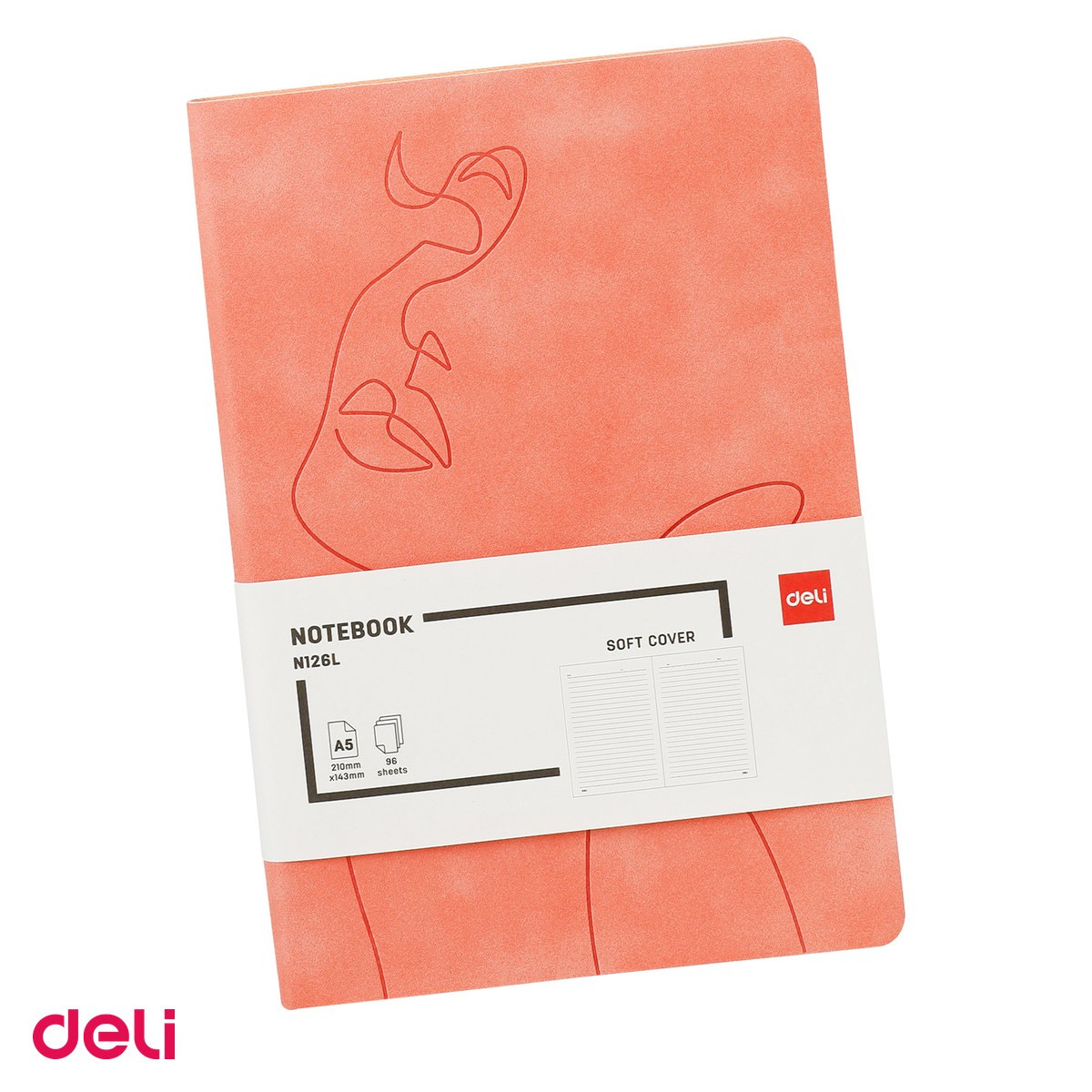 Birotica papetarie - Caiet Deli N126L A5, 96 file, dictando, birou 80 g, coperta imitatie de piele, piersica