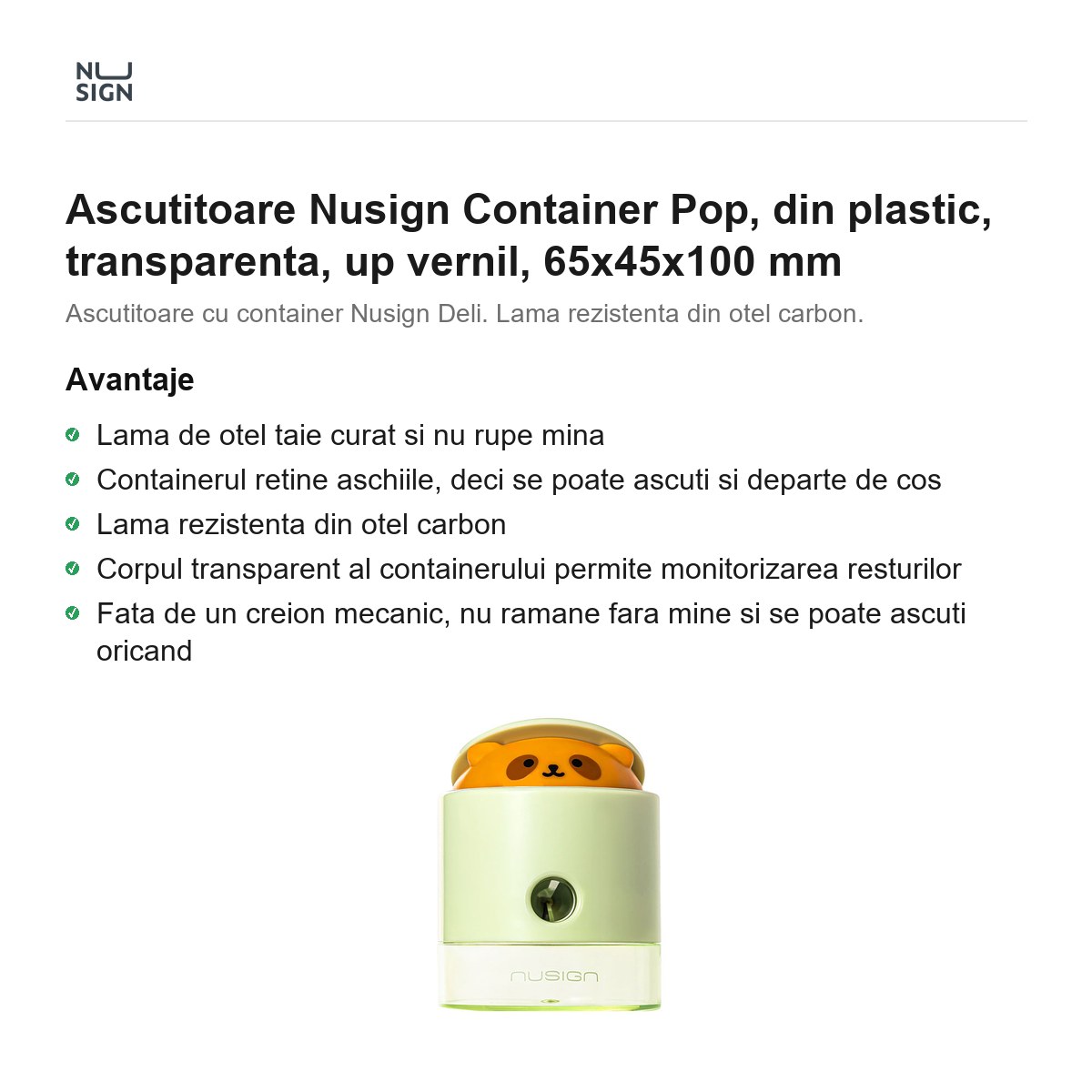 Ascutitoare Nusign Container Pop, din plastic, transparenta, up vernil, 65x45x100 mm [1]