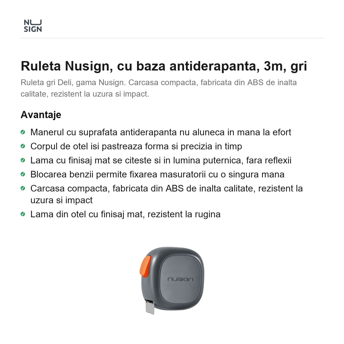 Ruleta Nusign, cu baza antiderapanta, 3m, gri [1]