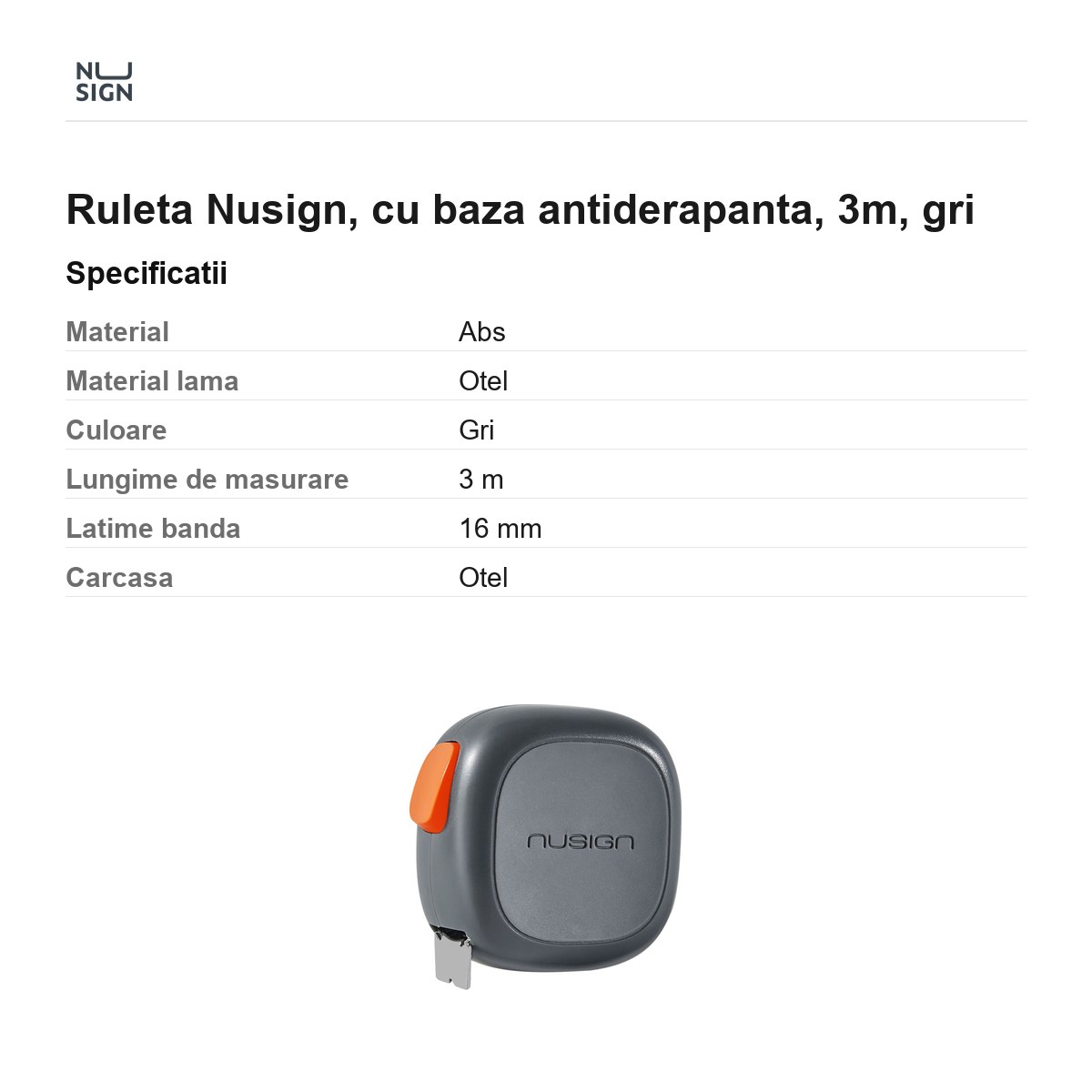 Ruleta Nusign, cu baza antiderapanta, 3m, gri [2]