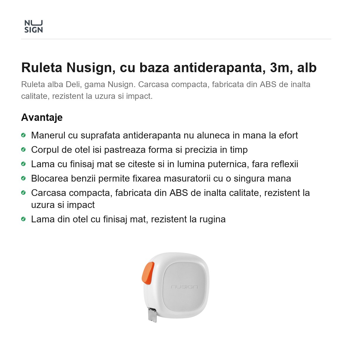 Ruleta Nusign, cu baza antiderapanta, 3m, alb [1]
