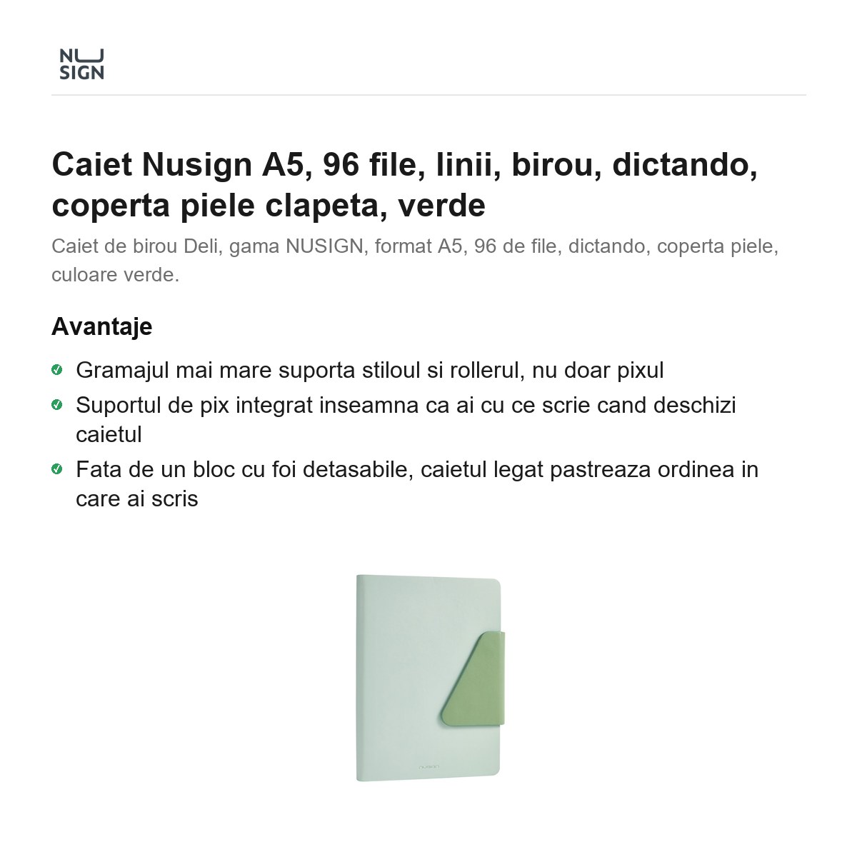 Caiet Nusign A5, 96 file, linii, birou, dictando, coperta piele clapeta, verde [1]