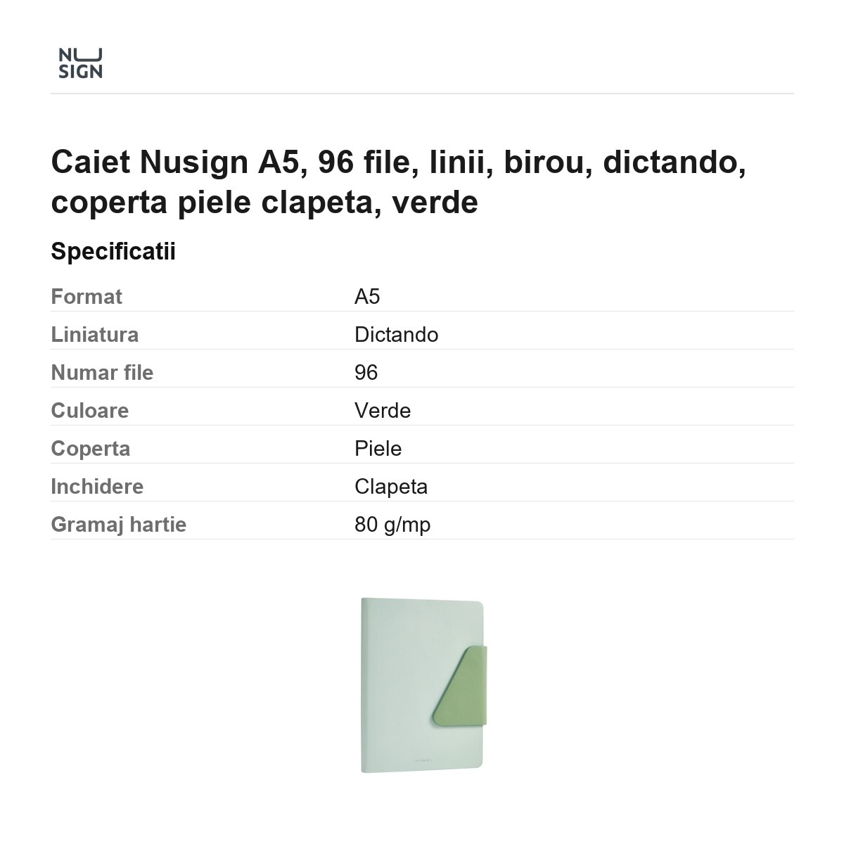 Caiet Nusign A5, 96 file, linii, birou, dictando, coperta piele clapeta, verde [2]