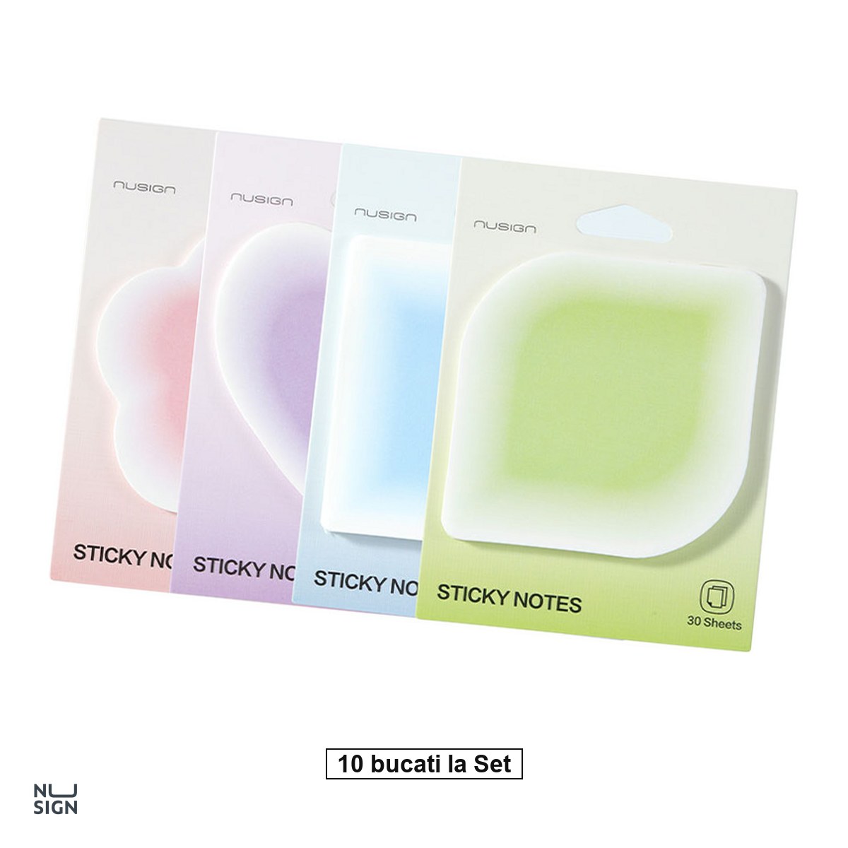 Notes, Post-it si cuburi de hartie - Set 10 notesuri Nusign, autoadeziv 30 file diverse forme culori gradient