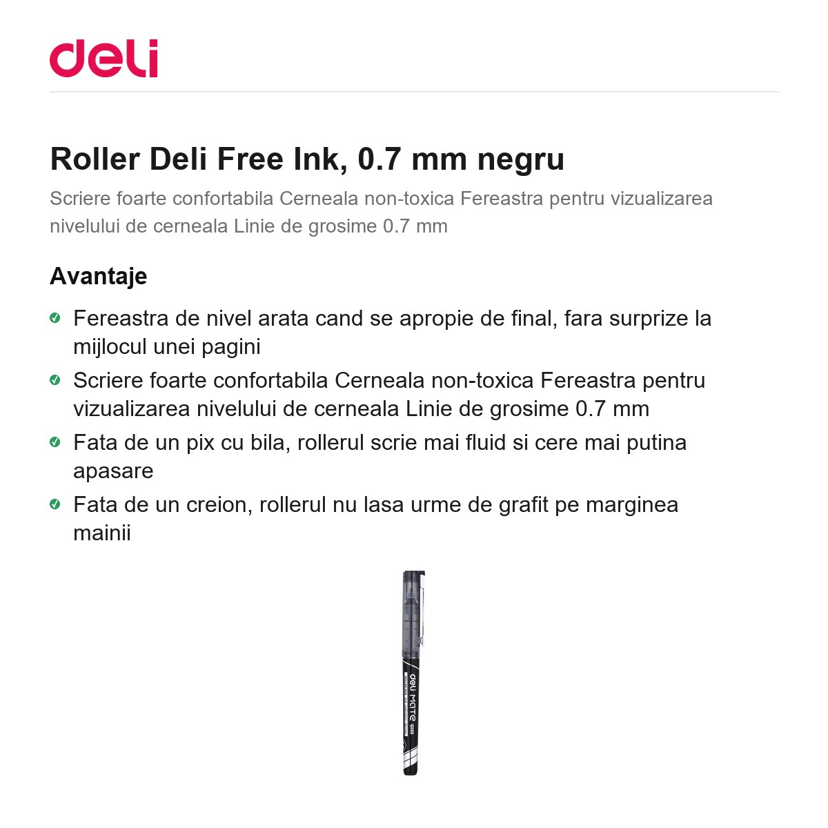 Roller Deli Free Ink, 0.7 mm negru [1]
