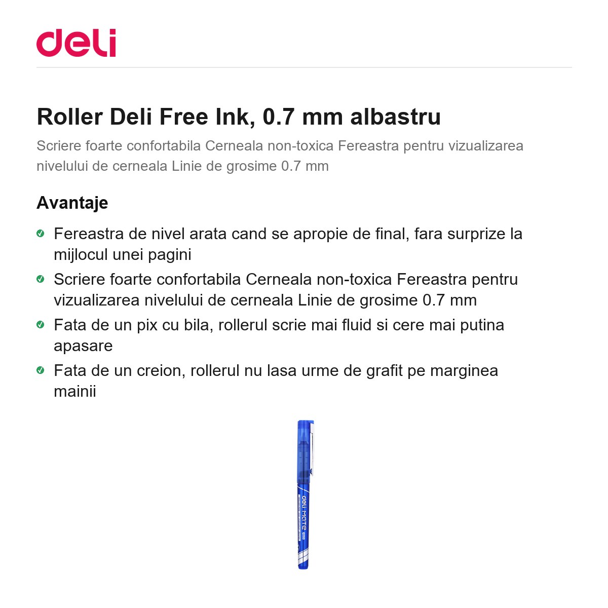 Roller Deli Free Ink, 0.7 mm albastru [1]