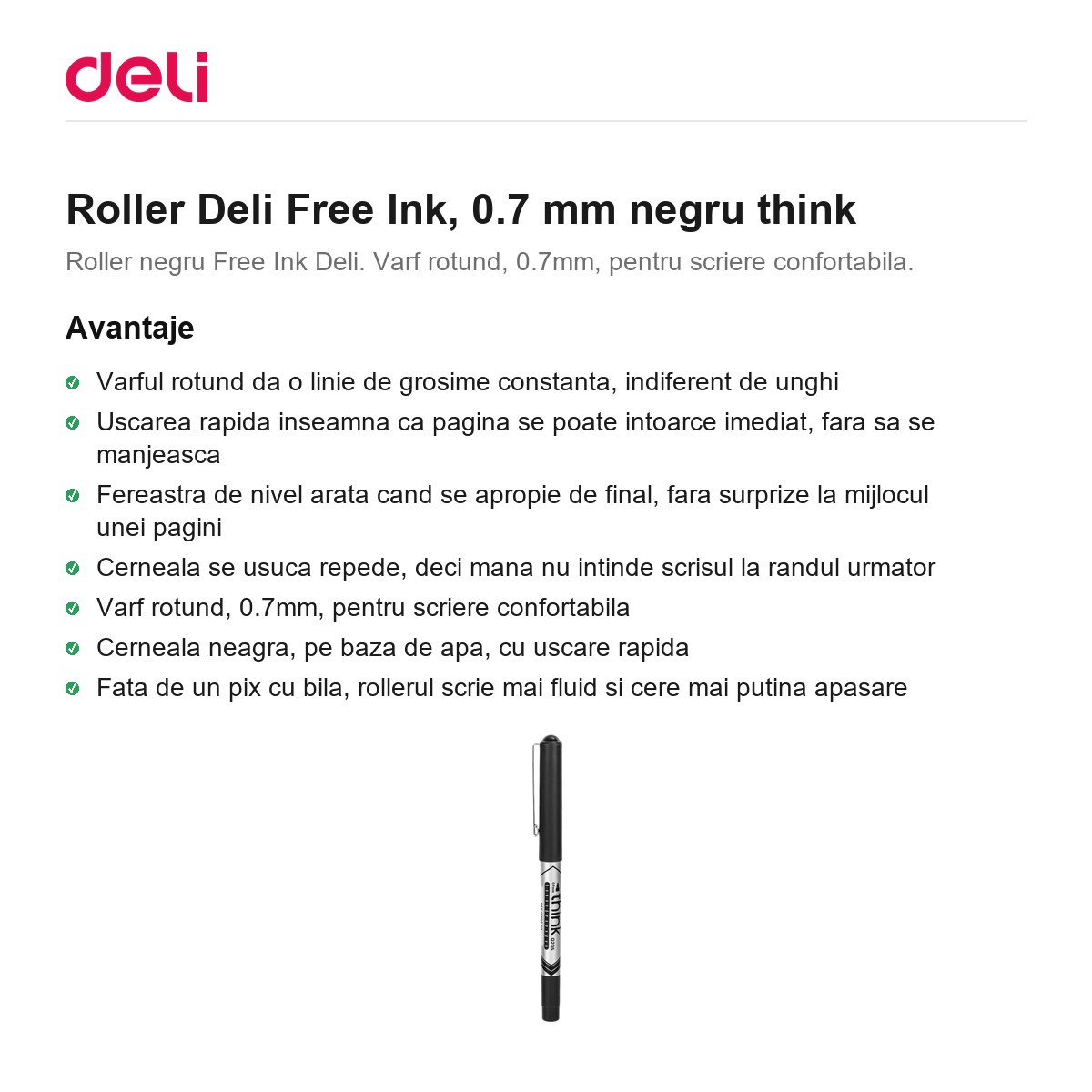 Roller Deli Free Ink, 0.7 mm negru think [1]