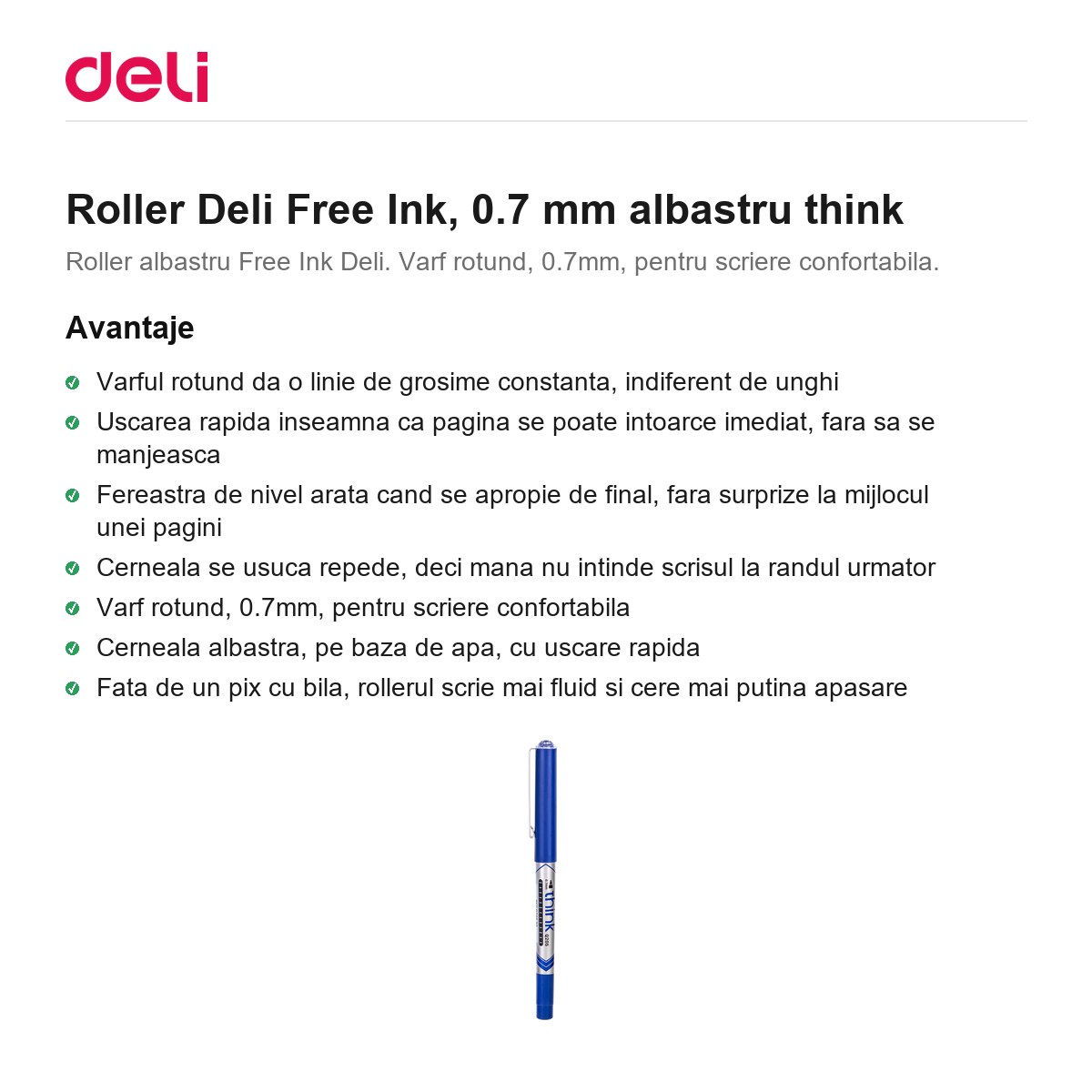 Roller Deli Free Ink, 0.7 mm albastru think [1]
