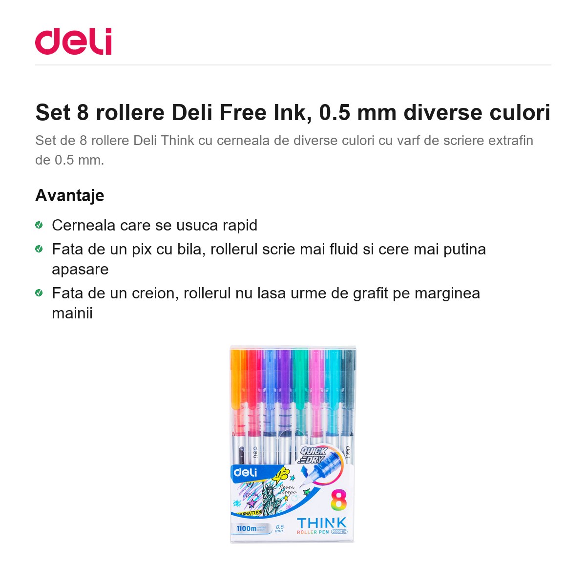 Set 8 rollere Deli Free Ink, 0.5 mm diverse culori [1]