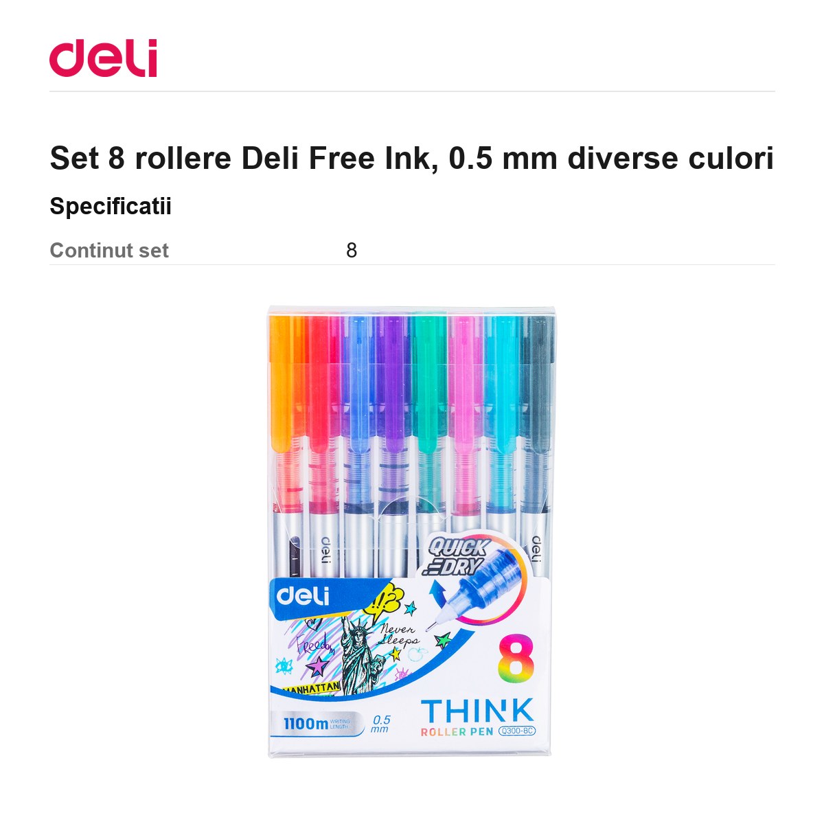 Set 8 rollere Deli Free Ink, 0.5 mm diverse culori [2]