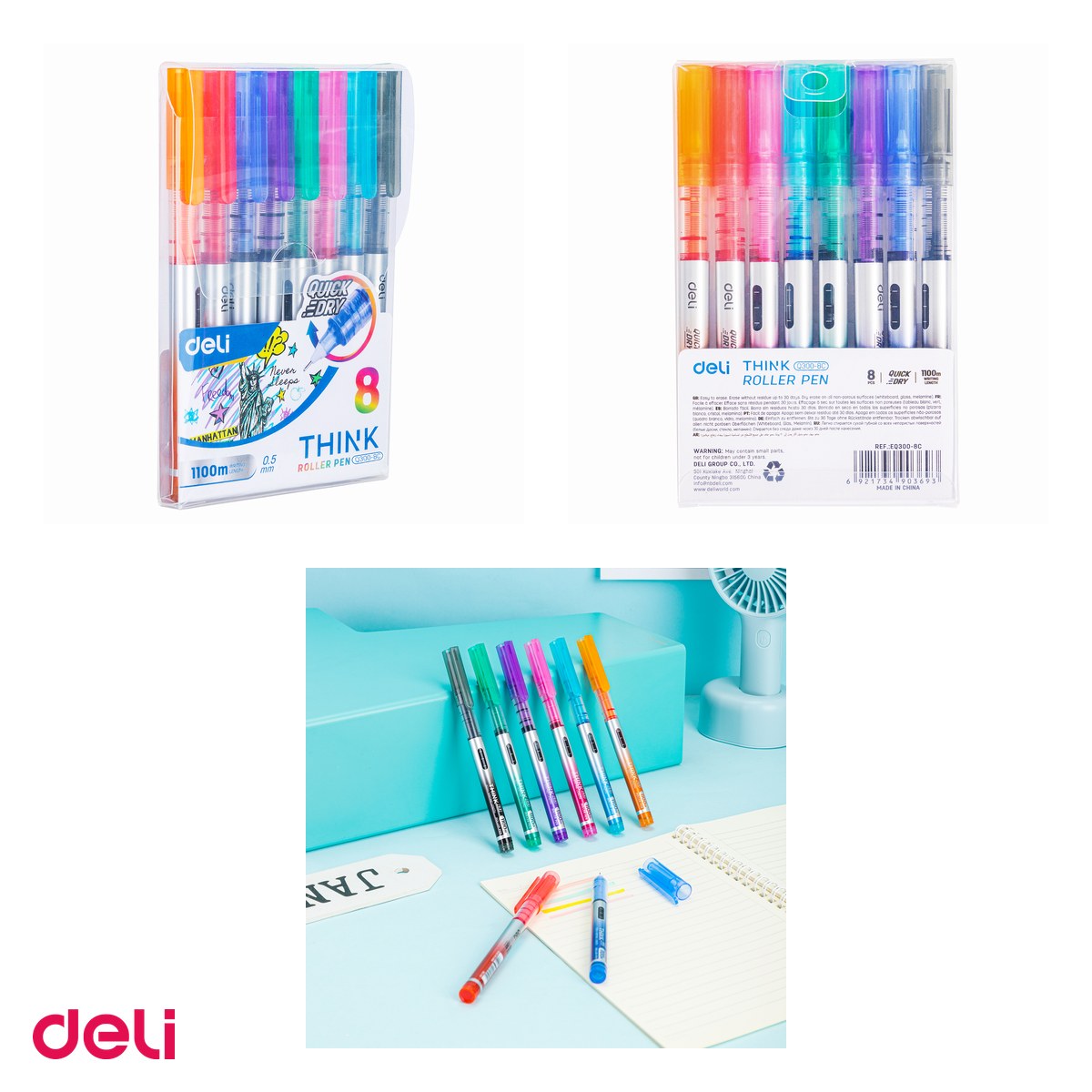 Set 8 rollere Deli Free Ink, 0.5 mm diverse culori [3]