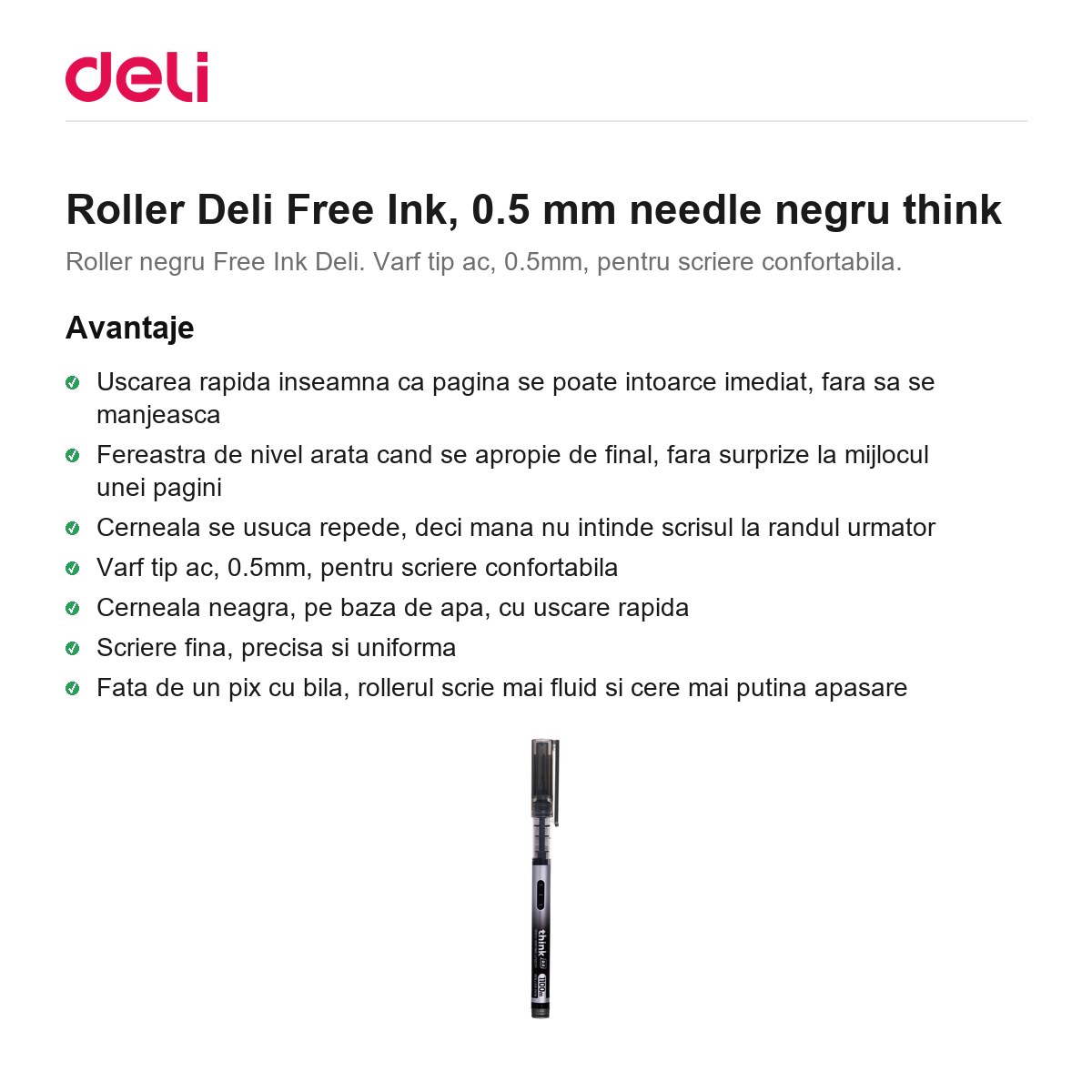 Roller Deli Free Ink, 0.5 mm needle negru think [1]