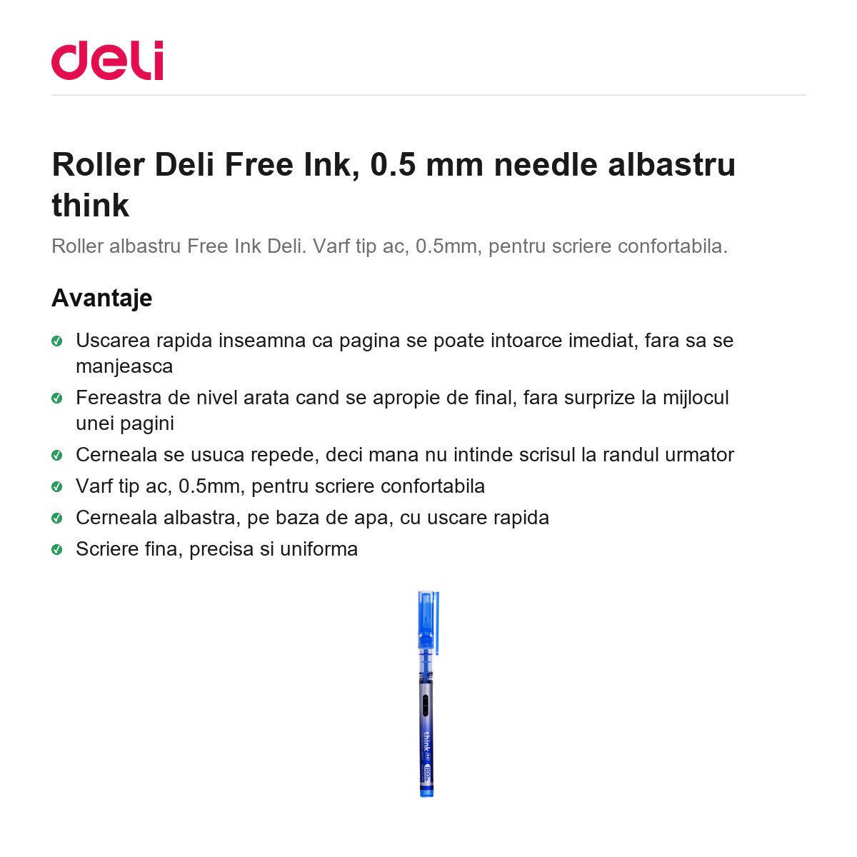Roller Deli Free Ink, 0.5 mm needle albastru think [1]