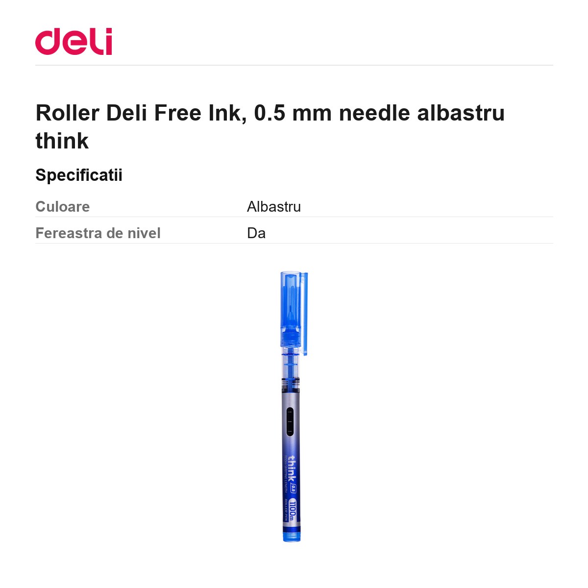 Roller Deli Free Ink, 0.5 mm needle albastru think [2]