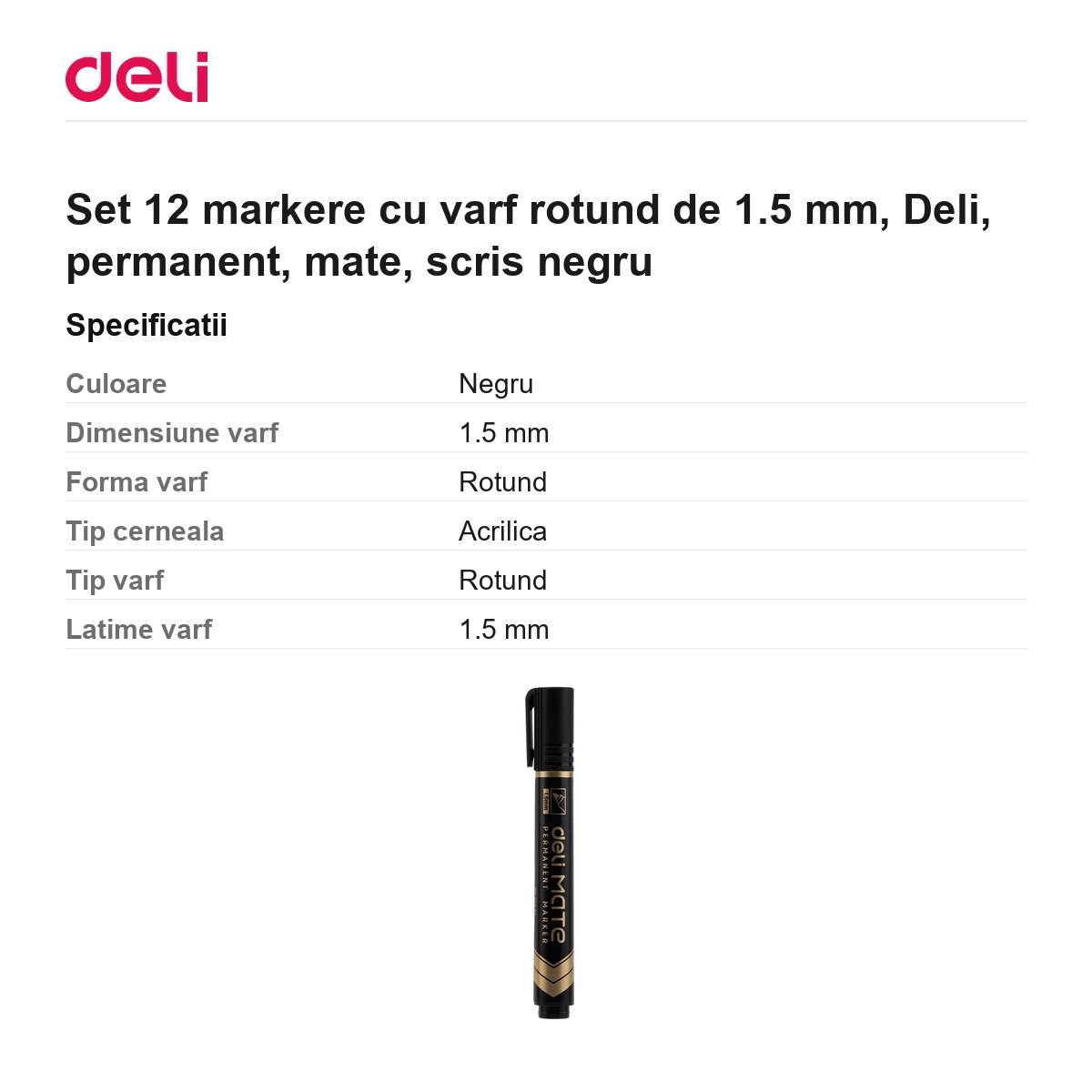 Set 12 markere cu varf rotund de 1.5 mm, Deli, permanent, mate, scris negru [2]