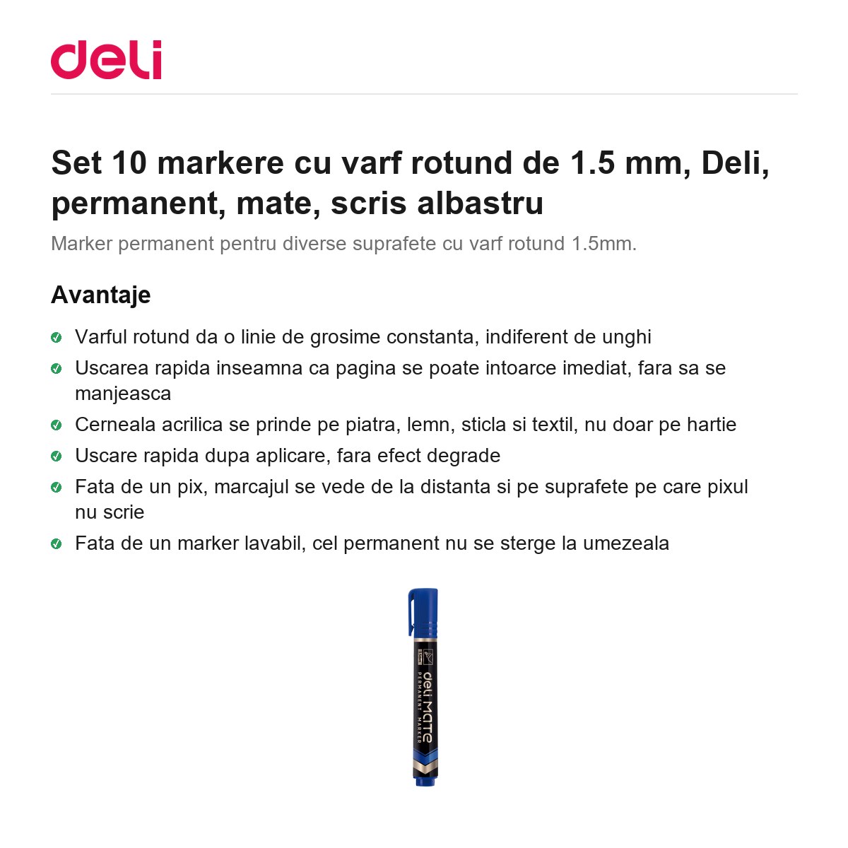 Set 10 markere cu varf rotund de 1.5 mm, Deli, permanent, mate, scris albastru [1]