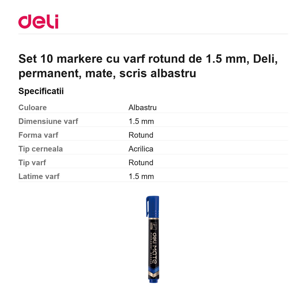 Set 10 markere cu varf rotund de 1.5 mm, Deli, permanent, mate, scris albastru [2]
