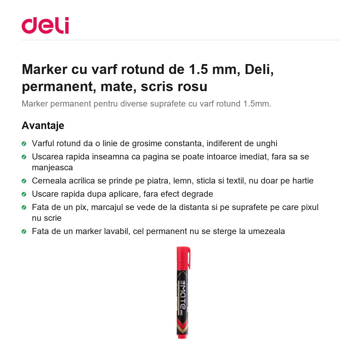 Marker cu varf rotund de 1.5 mm, Deli, permanent, mate, scris rosu [1]