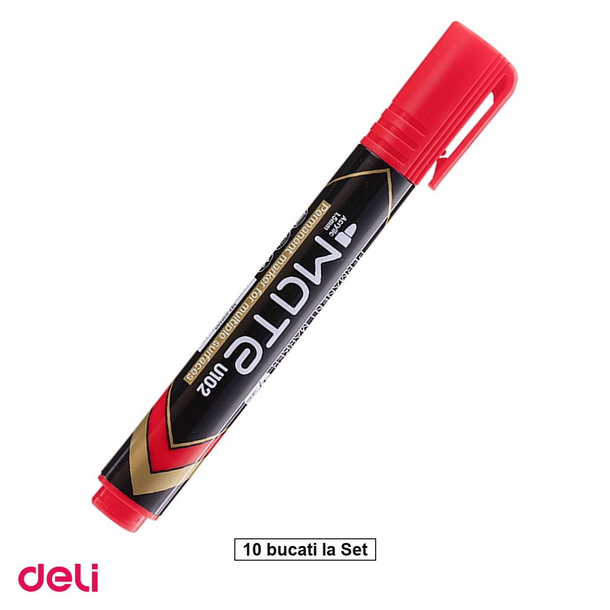 Instrumente de scris - Set 10 markere cu varf rotund de 1.5 mm, Deli, permanent, mate, scris rosu